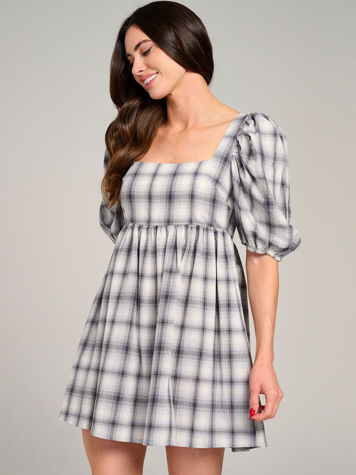 WOMEN'S SHORT PUFF SLEEVE OPEN BACK COLORBLOCK PLAID MINI DRESS