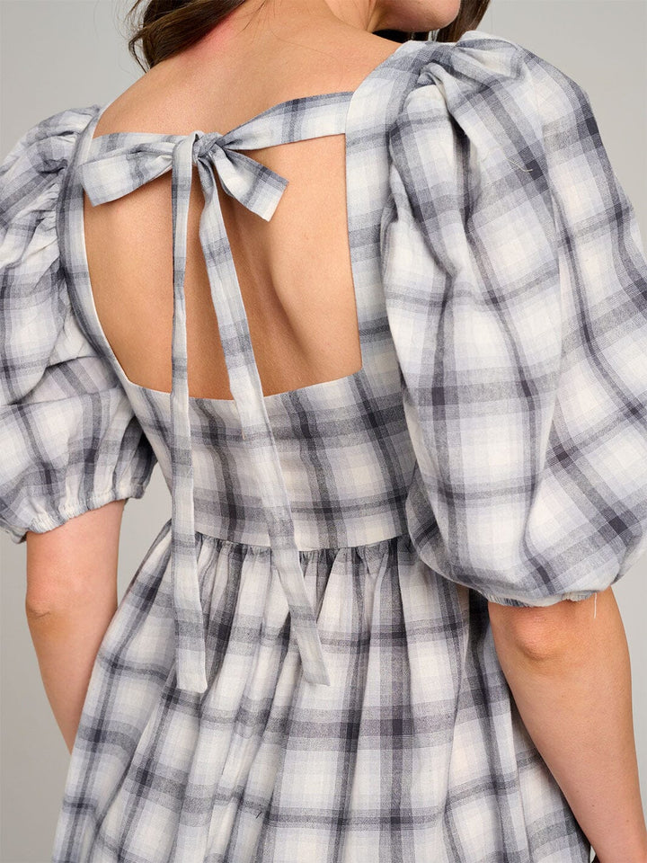WOMEN'S SHORT PUFF SLEEVE OPEN BACK COLORBLOCK PLAID MINI DRESS