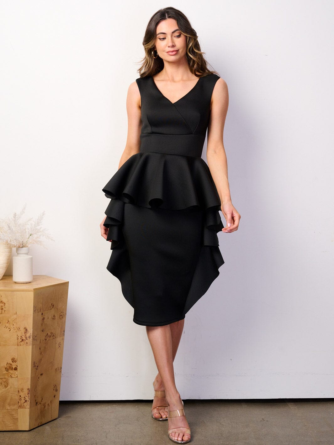 WOMEN'S SLEEVELESS V-NECK BODYCON BANDAGE RUFFLE MIDI DRESS