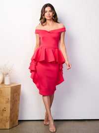 WOMEN'S OFF SHOULDER BODYCON BANDAGE RUFFLE MIDI DRESS