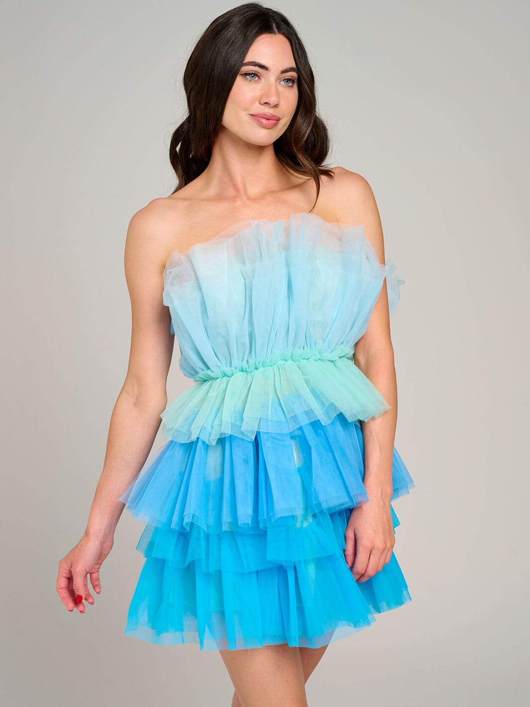 WOMEN'S SLEEVELESS ORGANZA TIERED RUFFLE TUBE COLORBLOCK MINI DRESS