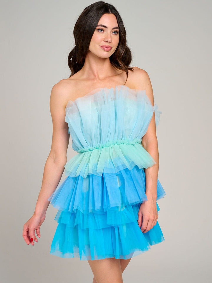 WOMEN'S SLEEVELESS ORGANZA TIERED RUFFLE TUBE COLORBLOCK MINI DRESS