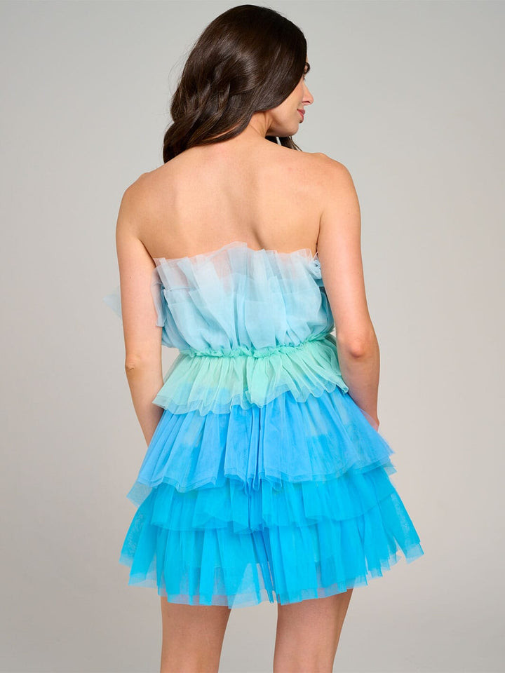 WOMEN'S SLEEVELESS ORGANZA TIERED RUFFLE TUBE COLORBLOCK MINI DRESS