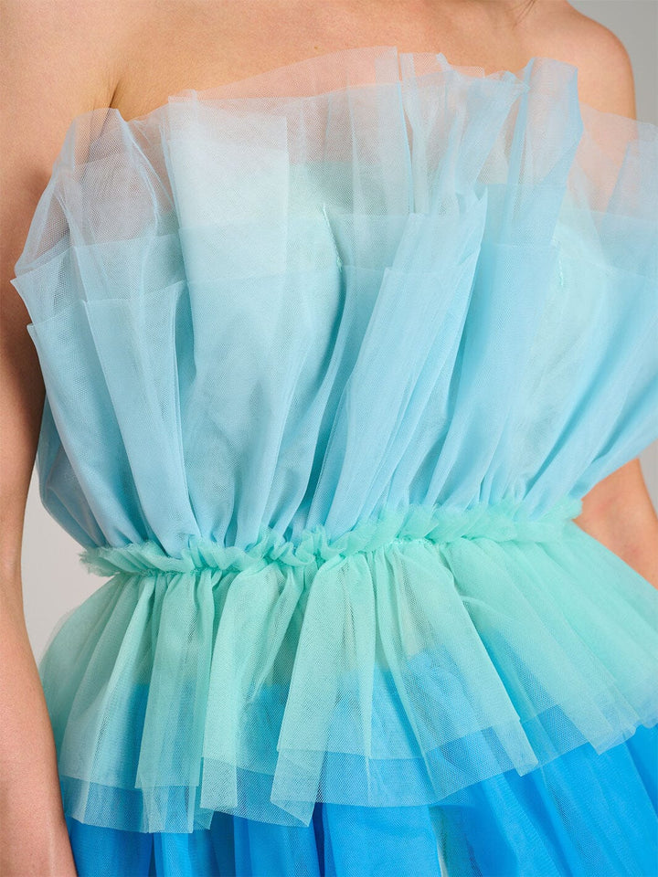 WOMEN'S SLEEVELESS ORGANZA TIERED RUFFLE TUBE COLORBLOCK MINI DRESS