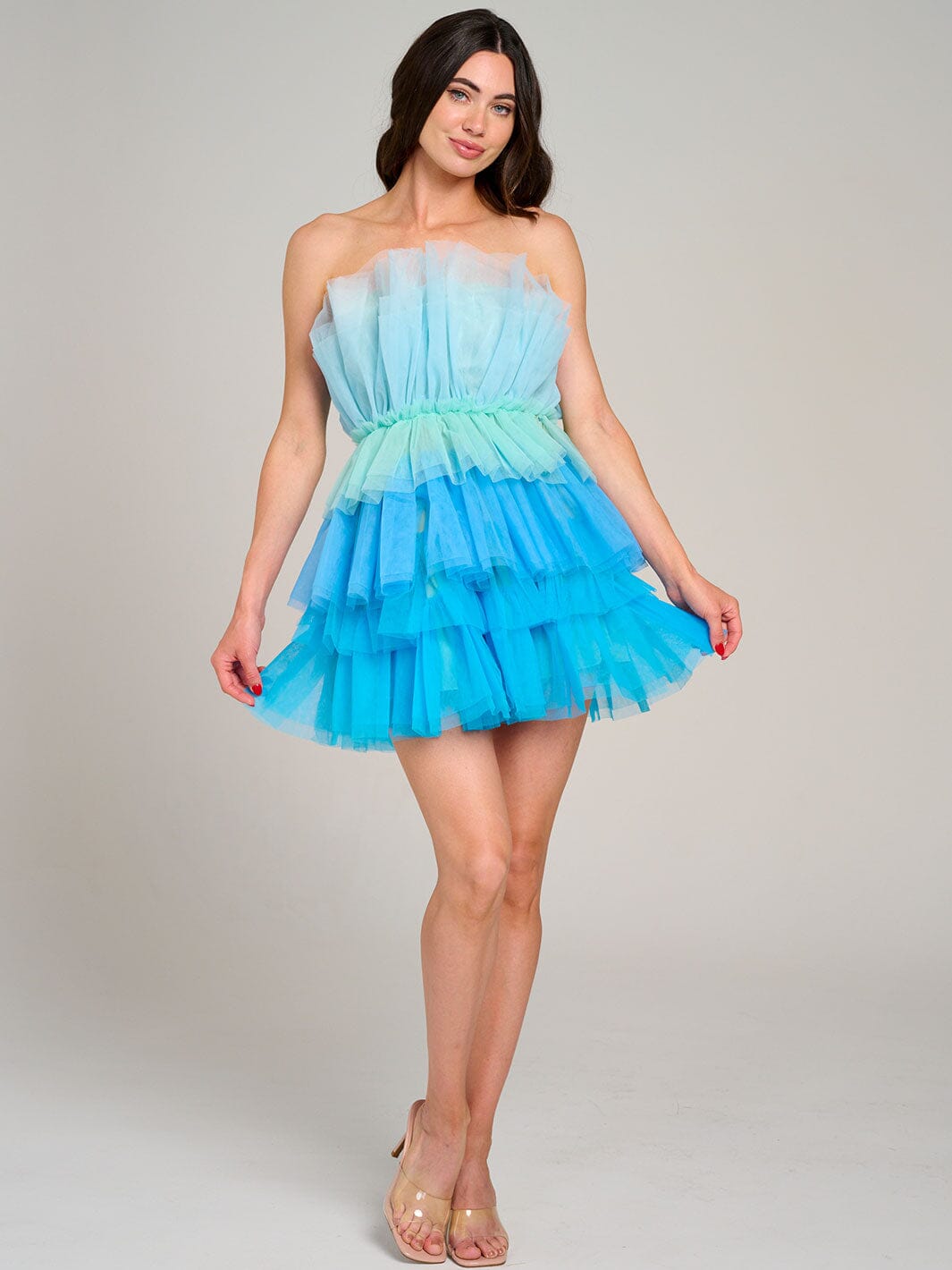 WOMEN'S SLEEVELESS ORGANZA TIERED RUFFLE TUBE COLORBLOCK MINI DRESS