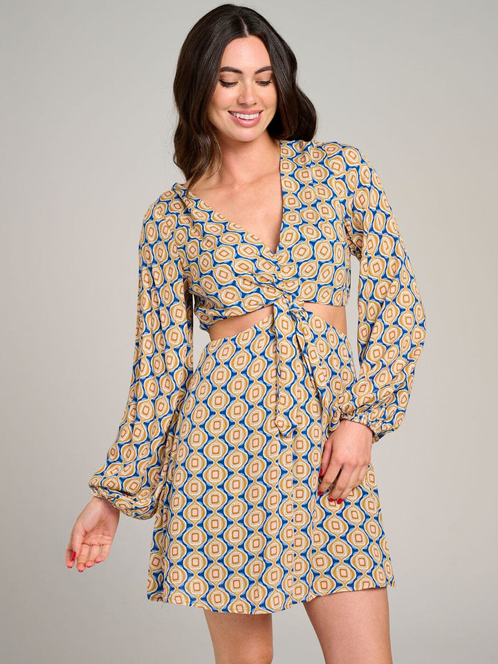 WOMEN'S LONG SLEEVE V-NECK CUT OUT PRINTED MINI DRESS
