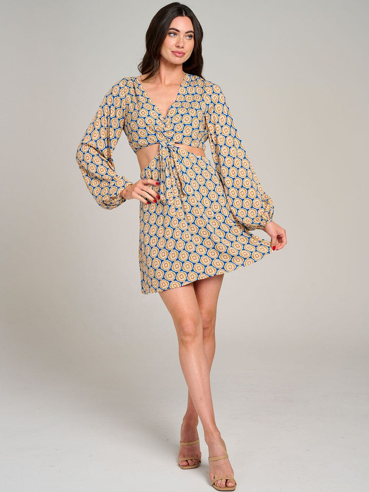 WOMEN'S LONG SLEEVE V-NECK CUT OUT PRINTED MINI DRESS