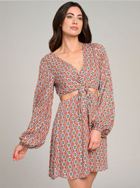 WOMEN'S LONG SLEEVE V-NECK CUT OUT PRINTED MINI DRESS