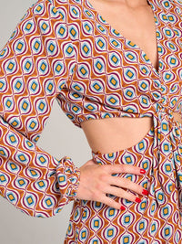 WOMEN'S LONG SLEEVE V-NECK CUT OUT PRINTED MINI DRESS