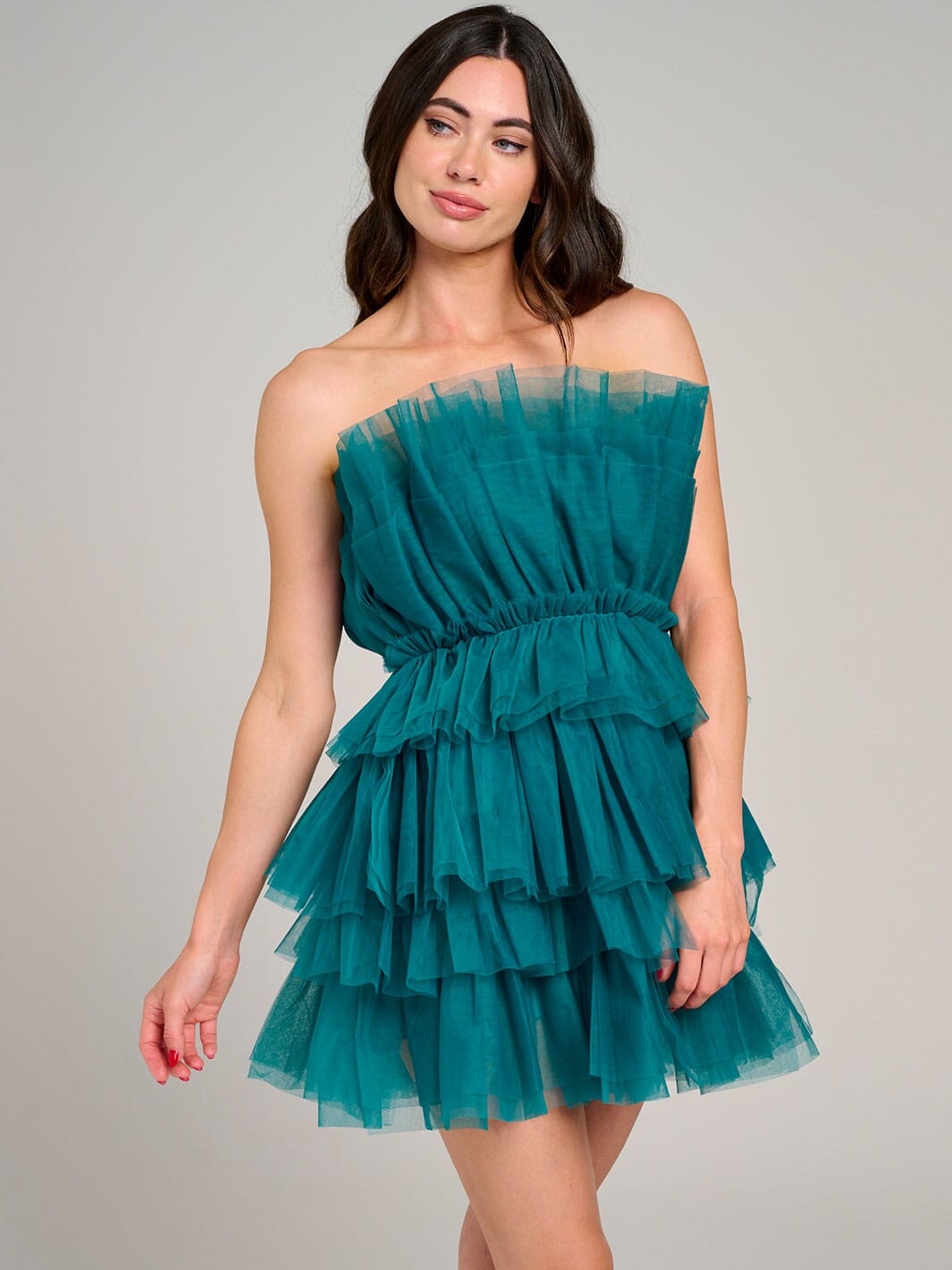 WOMEN'S SLEEVELESS ORGANZA TIERED RUFFLE TUBE MINI DRESS