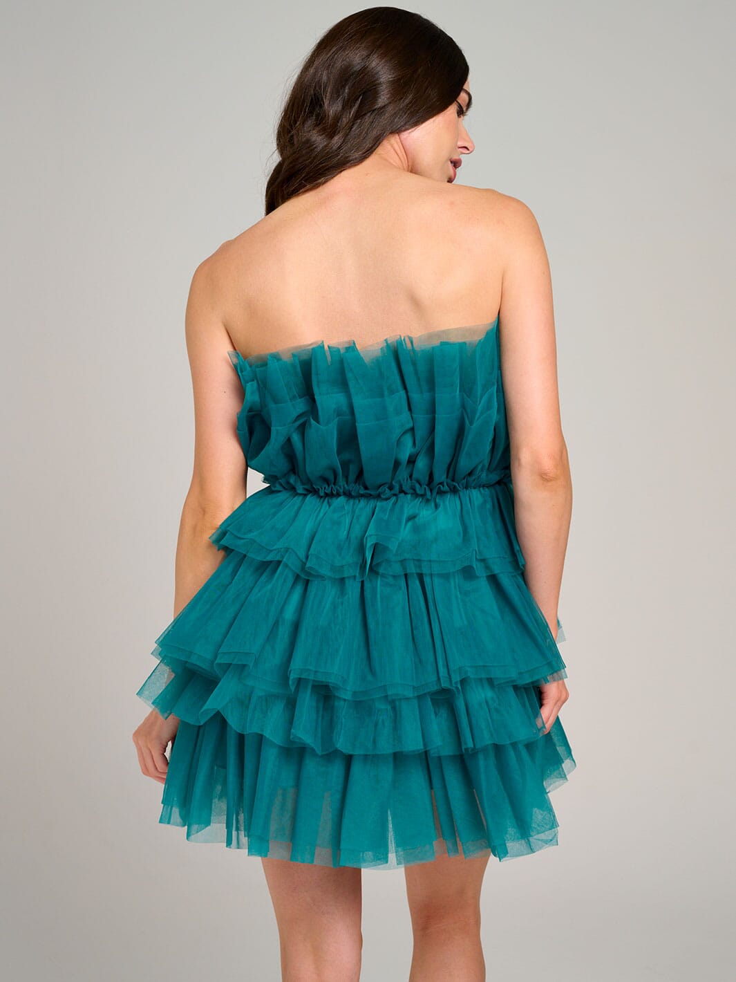 WOMEN'S SLEEVELESS ORGANZA TIERED RUFFLE TUBE MINI DRESS