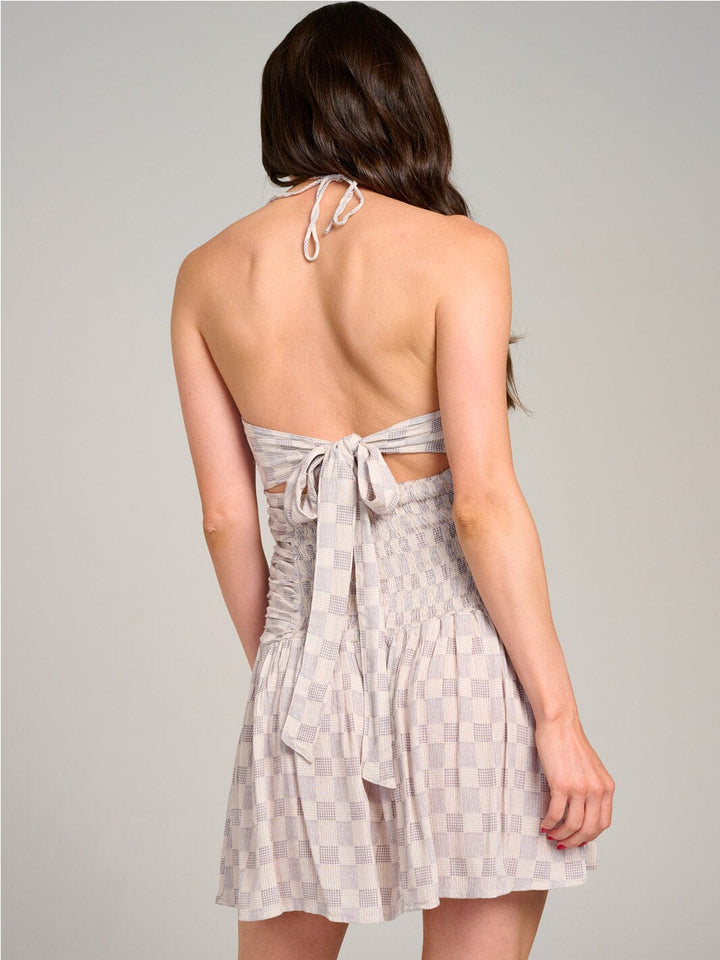 WOMEN'S SLEEVELESS HALTER NECK CUT OUT OPEN BACK SMOCK PRINT MINI DRESS