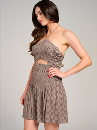 WOMEN'S SLEEVELESS HALTER NECK CUT OUT OPEN BACK SMOCK PRINT MINI DRESS