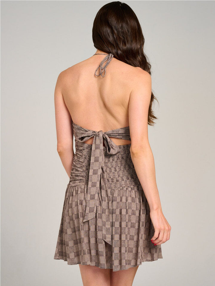 WOMEN'S SLEEVELESS HALTER NECK CUT OUT OPEN BACK SMOCK PRINT MINI DRESS