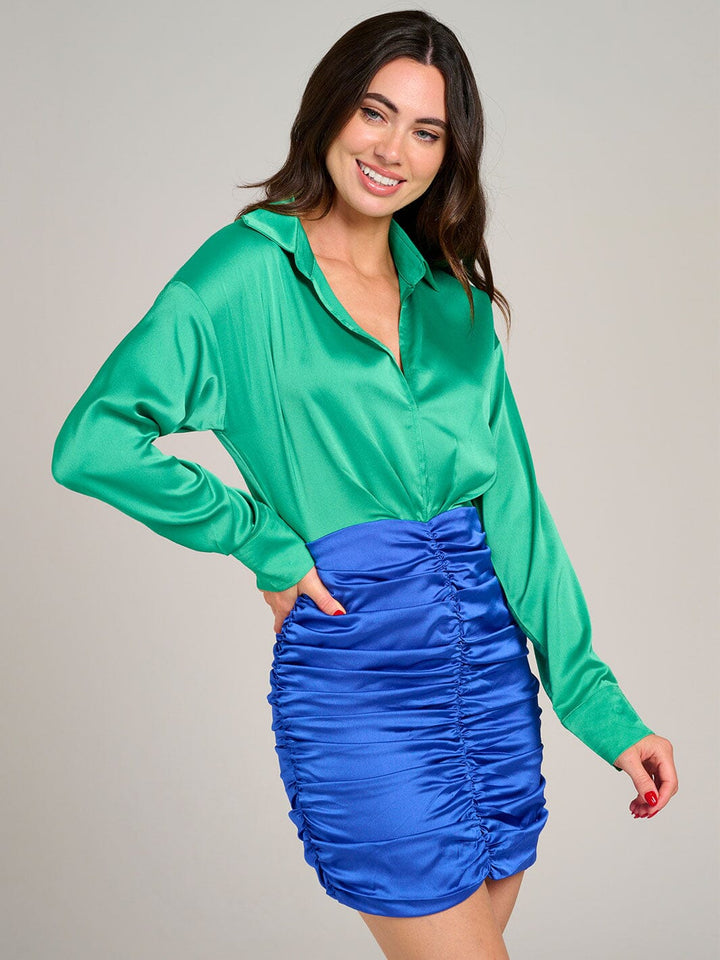 WOMEN'S LONG SLEEVE V-NECK RUCHED COLORBLOCK BODYCON MINI DRESS