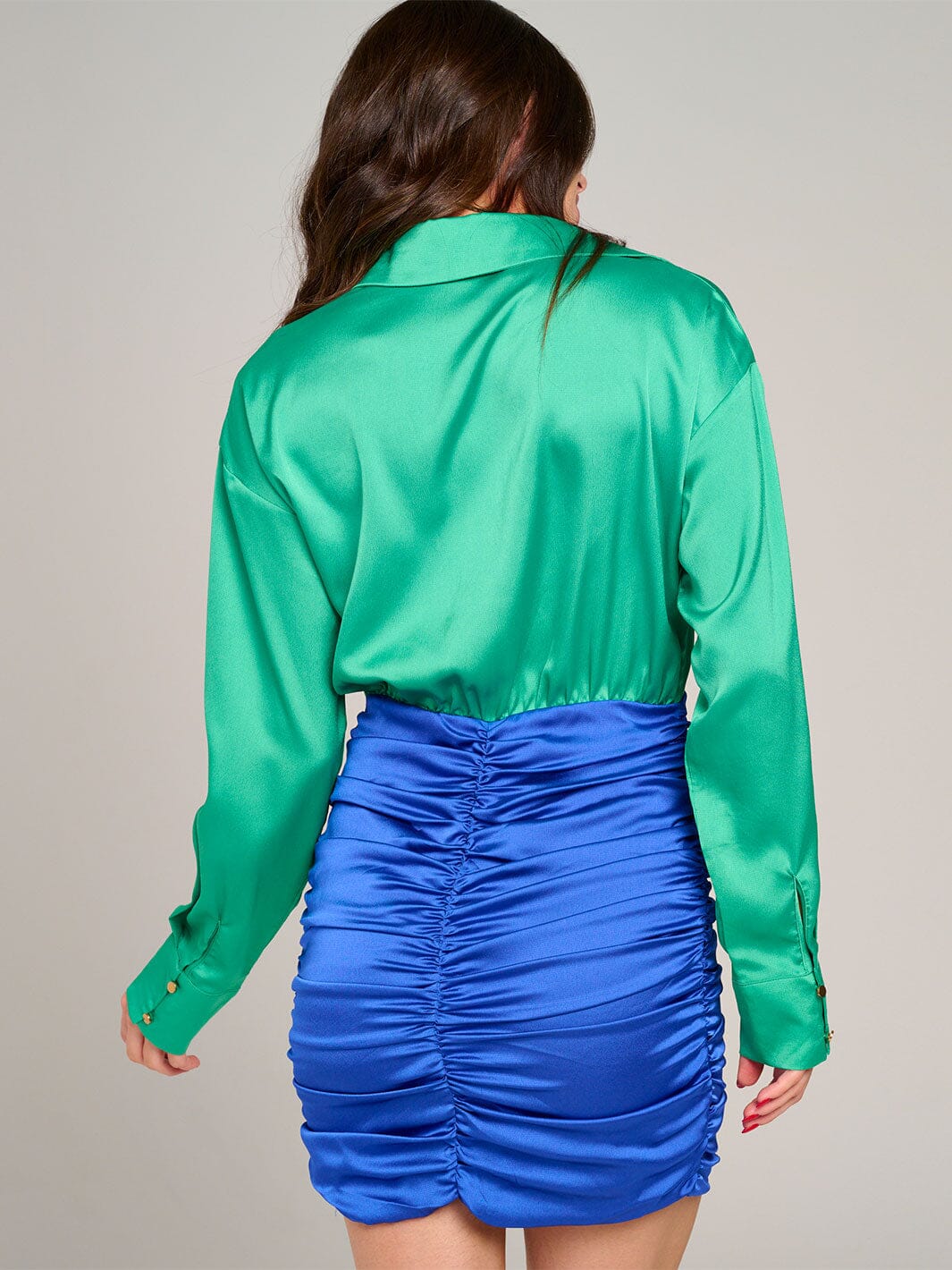 WOMEN'S LONG SLEEVE V-NECK RUCHED COLORBLOCK BODYCON MINI DRESS