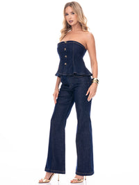 WOMEN'S SLEEVELESS BUTTON DETAILED STRETCH DENIM TUBE TOP