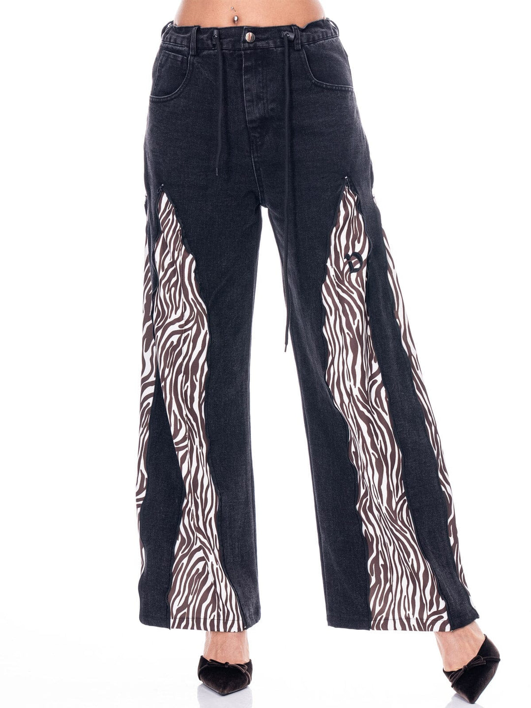 WOMEN'S BUTTON CLOSURE POCKETS WIDE LEG PRINT DENIM PANTS
