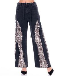 WOMEN'S BUTTON CLOSURE POCKETS WIDE LEG PRINT DENIM PANTS