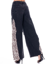 WOMEN'S BUTTON CLOSURE POCKETS WIDE LEG PRINT DENIM PANTS