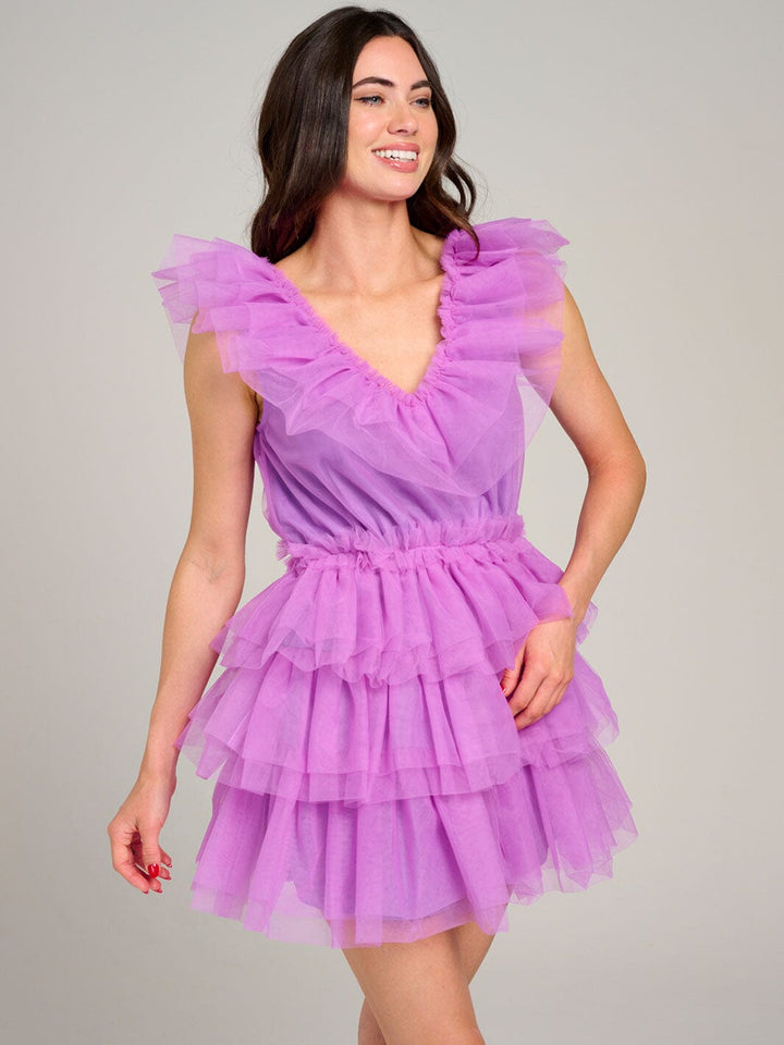 WOMEN'S SLEEVELESS V-NECK ORGANZA TIERED RUFFLE MINI DRESS