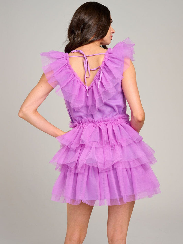 WOMEN'S SLEEVELESS V-NECK ORGANZA TIERED RUFFLE MINI DRESS