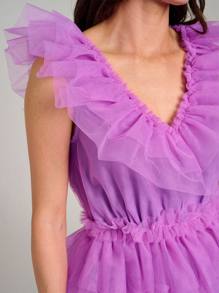 WOMEN'S SLEEVELESS V-NECK ORGANZA TIERED RUFFLE MINI DRESS