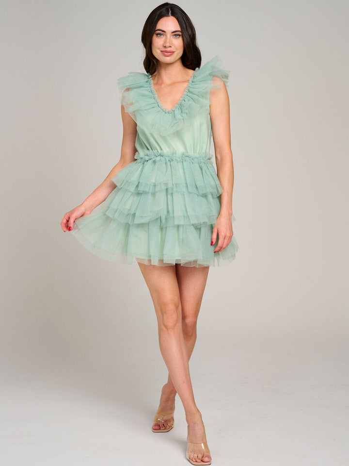 WOMEN'S SLEEVELESS V-NECK ORGANZA TIERED RUFFLE MINI DRESS