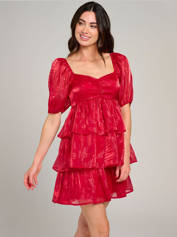 WOMEN'S SHORT PUFF SLEEVE SQUARE NECK TIERED RUFFLE MINI DRESS