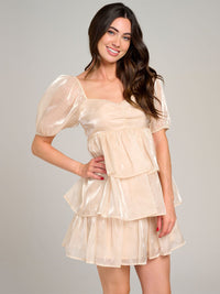 WOMEN'S SHORT PUFF SLEEVE SQUARE NECK TIERED RUFFLE MINI DRESS