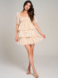 WOMEN'S SHORT PUFF SLEEVE SQUARE NECK TIERED RUFFLE MINI DRESS