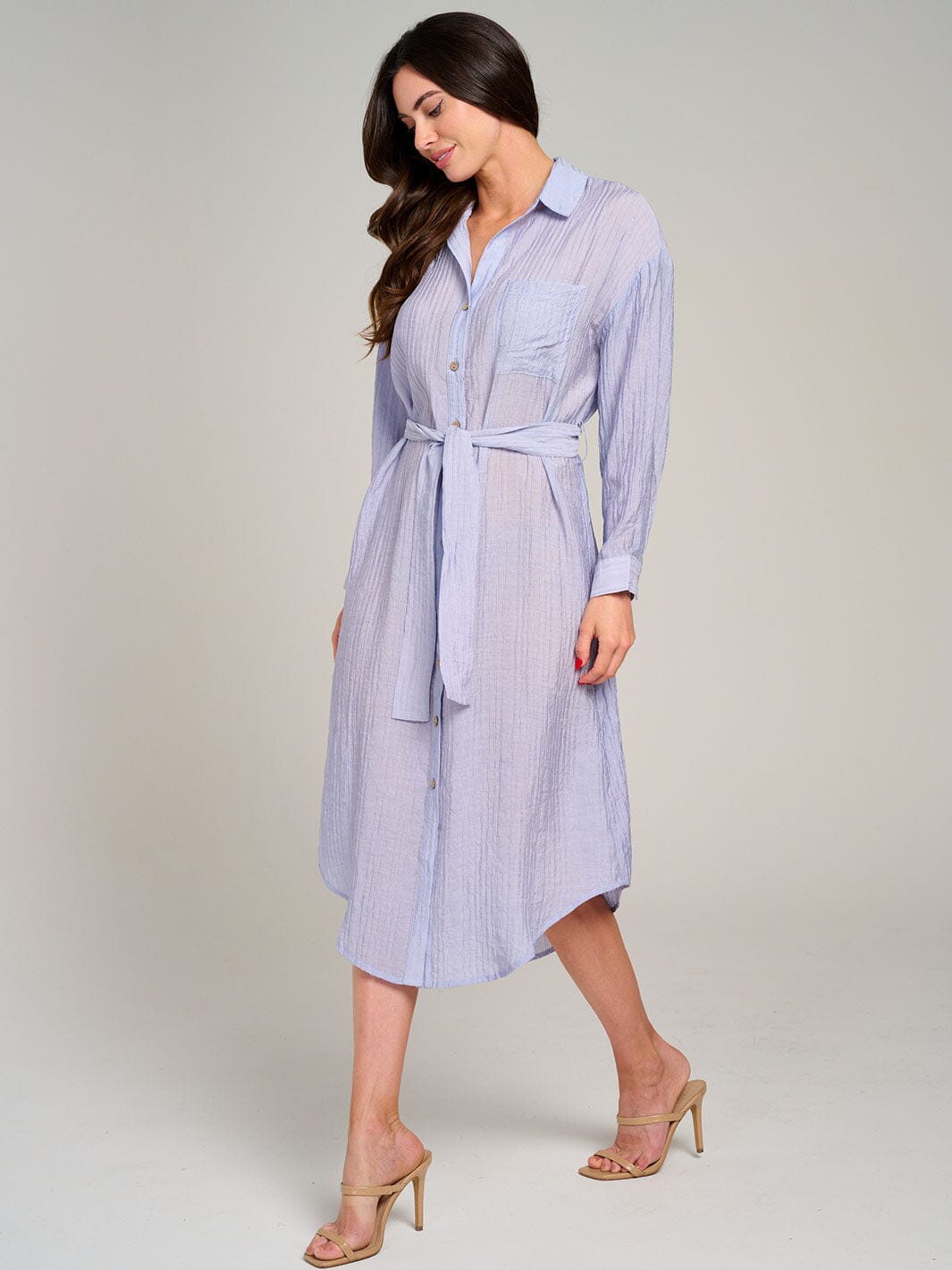 WOMEN'S LONG SLEEVE FONT POCKET BUTTON UP SELF TIE MIDI DRESS