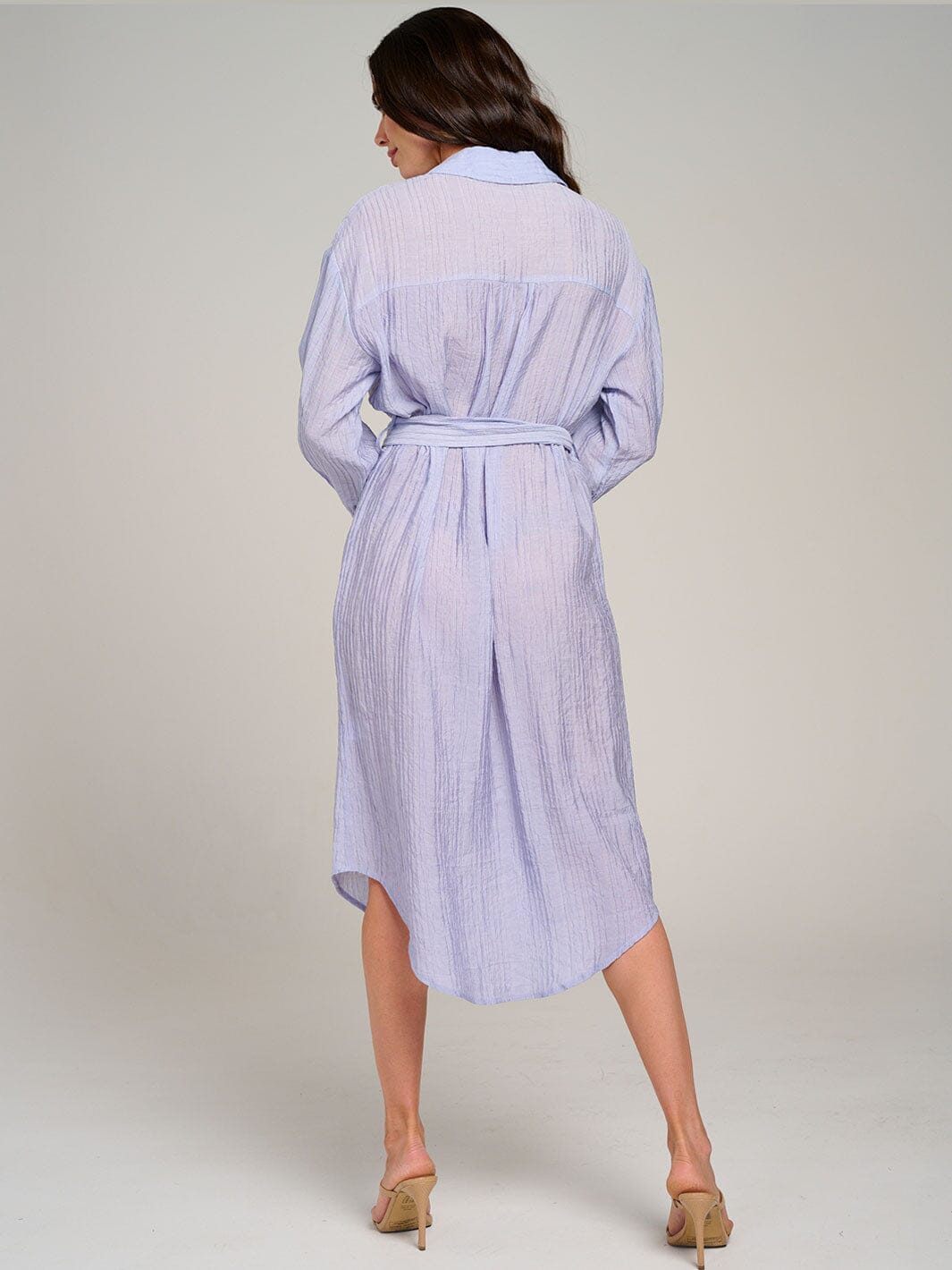 WOMEN'S LONG SLEEVE FONT POCKET BUTTON UP SELF TIE MIDI DRESS