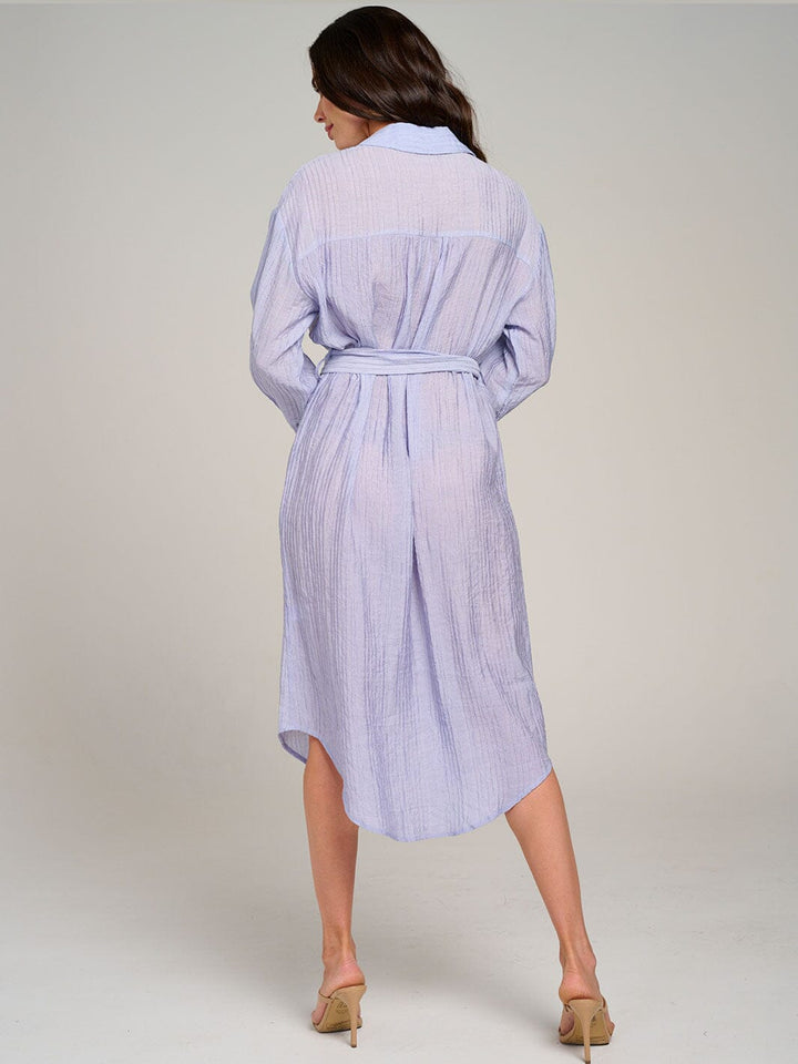 WOMEN'S LONG SLEEVE FONT POCKET BUTTON UP SELF TIE MIDI DRESS