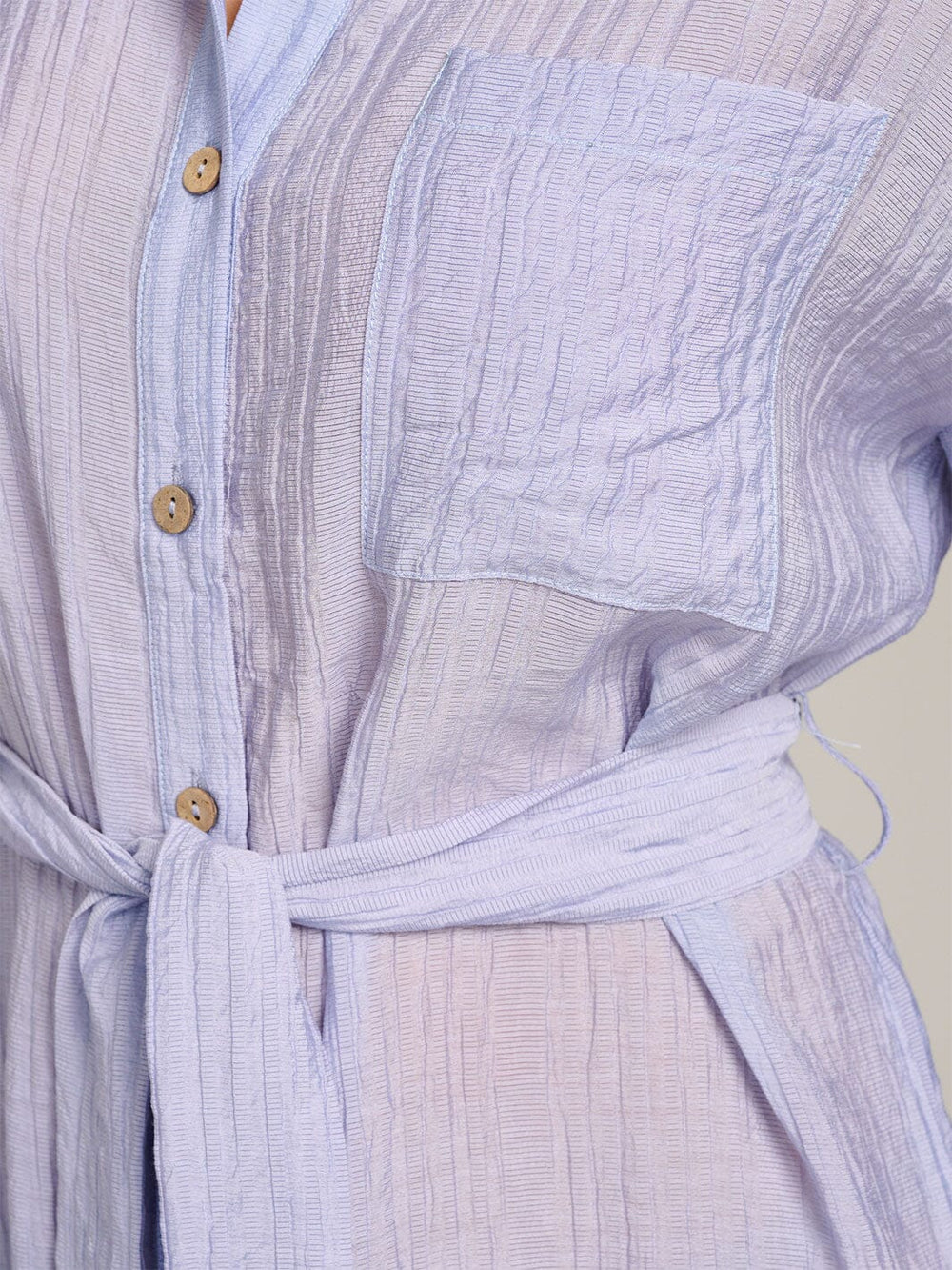 WOMEN'S LONG SLEEVE FONT POCKET BUTTON UP SELF TIE MIDI DRESS