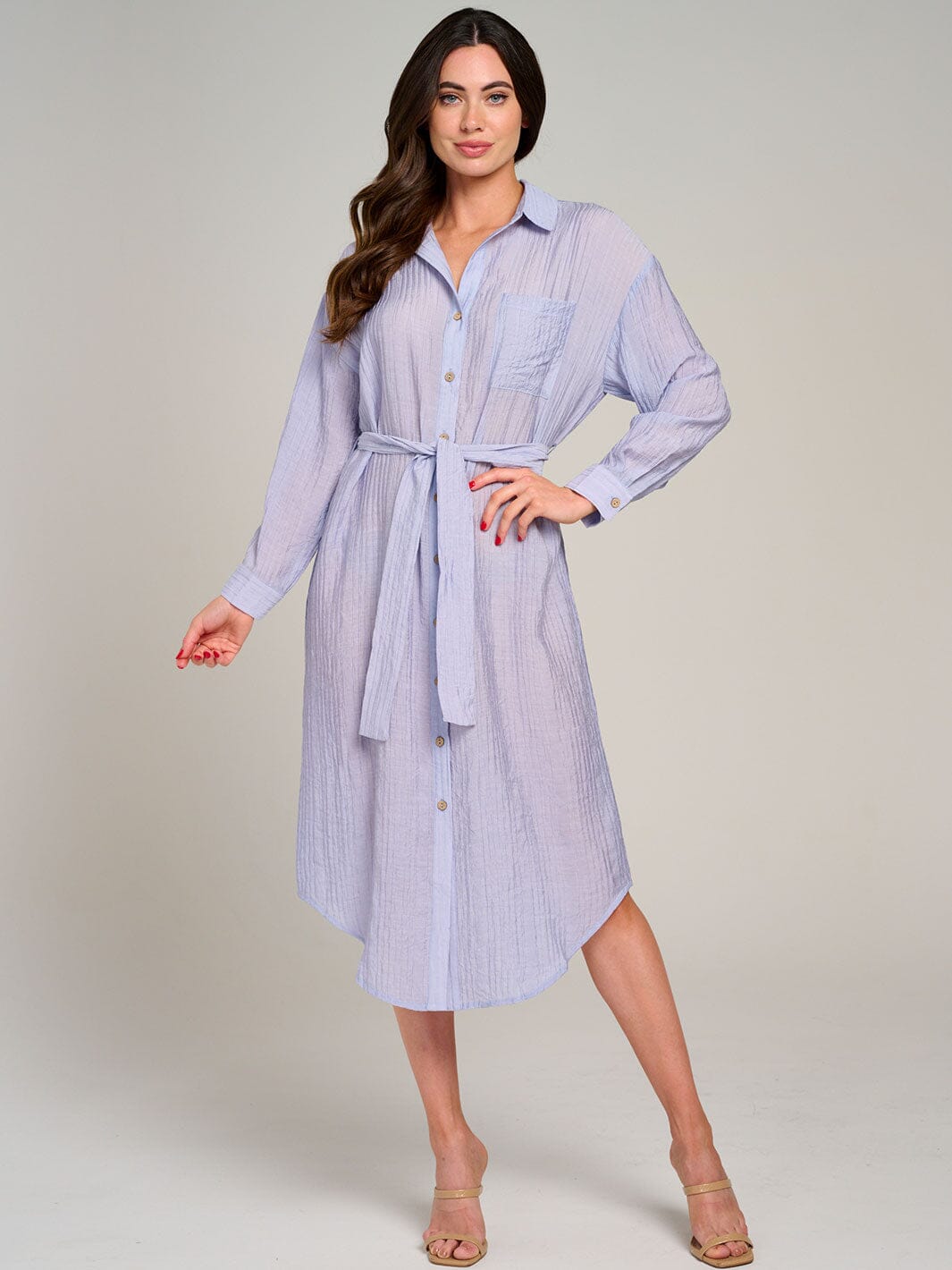 WOMEN'S LONG SLEEVE FONT POCKET BUTTON UP SELF TIE MIDI DRESS