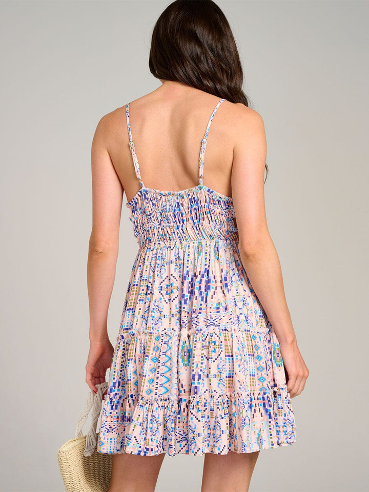 WOMEN'S SLEEVELESS V-NECK CUT OUT SMOCK PRINTED MINI DRESS