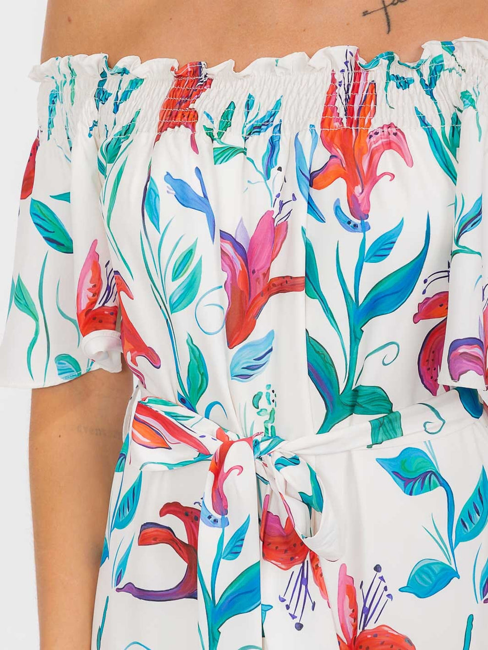 WOMEN'S OFF SHOULDER POCKETS SELF TIE FLORAL MAXI DRESS
