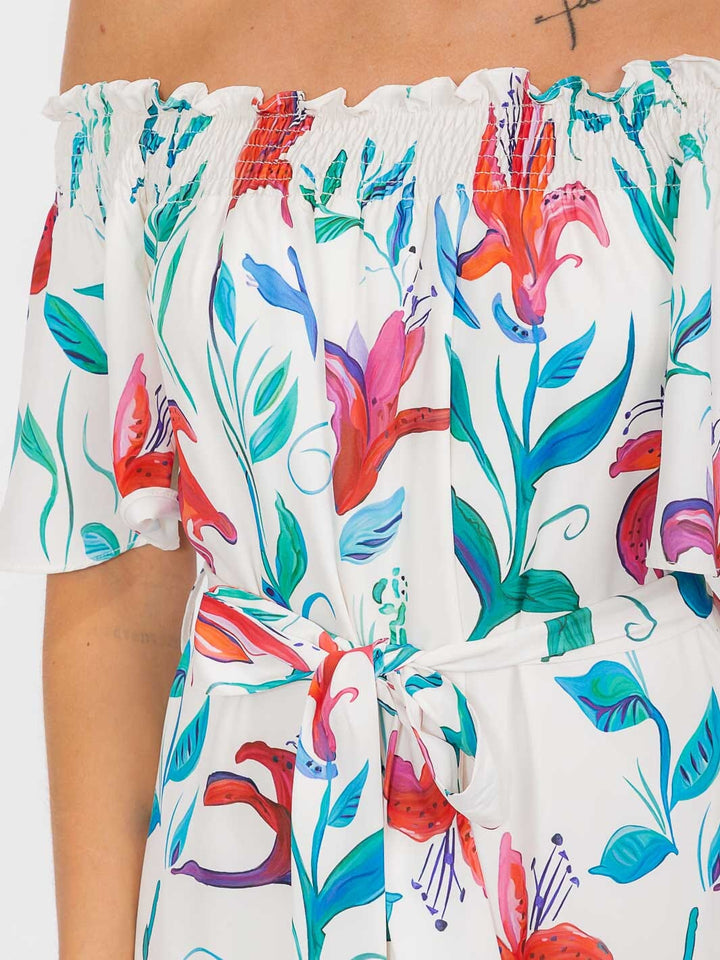 WOMEN'S OFF SHOULDER POCKETS SELF TIE FLORAL MAXI DRESS