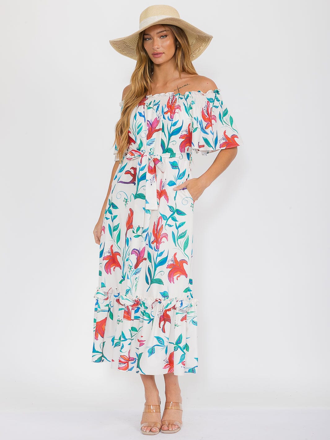 WOMEN'S OFF SHOULDER POCKETS SELF TIE FLORAL MAXI DRESS
