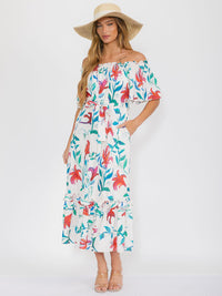 WOMEN'S OFF SHOULDER POCKETS SELF TIE FLORAL MAXI DRESS