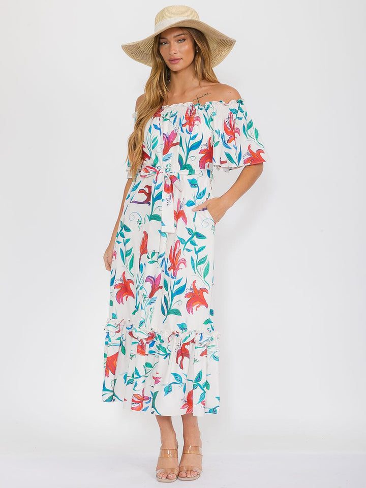 WOMEN'S OFF SHOULDER POCKETS SELF TIE FLORAL MAXI DRESS