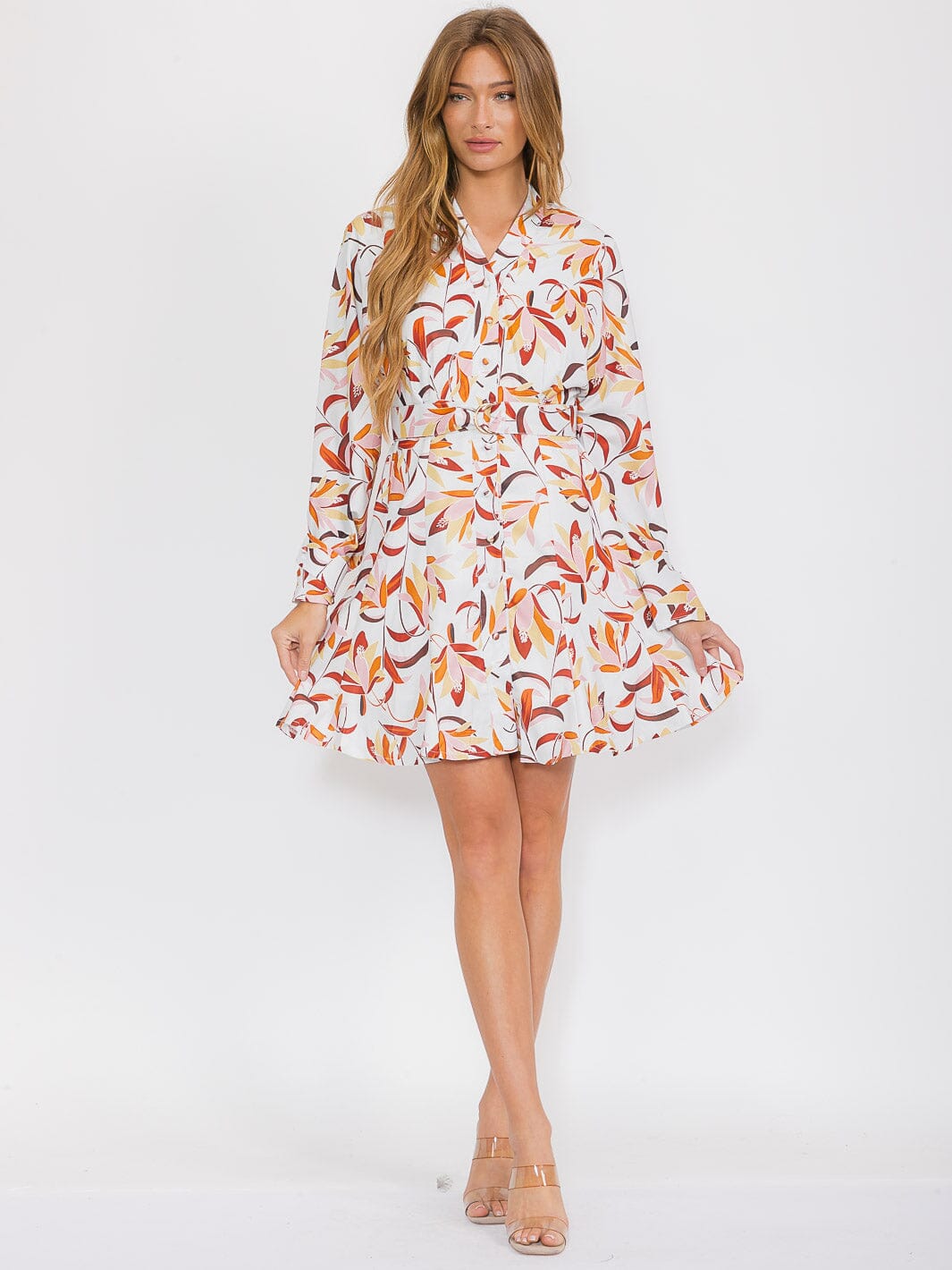 WOMEN'S LONG SLEEVE SELF TIE POCKETS FLORAL MINI DRESS