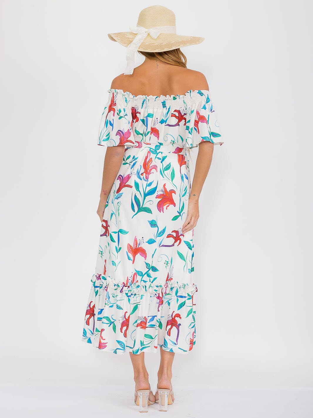WOMEN'S OFF SHOULDER POCKETS SELF TIE FLORAL MAXI DRESS