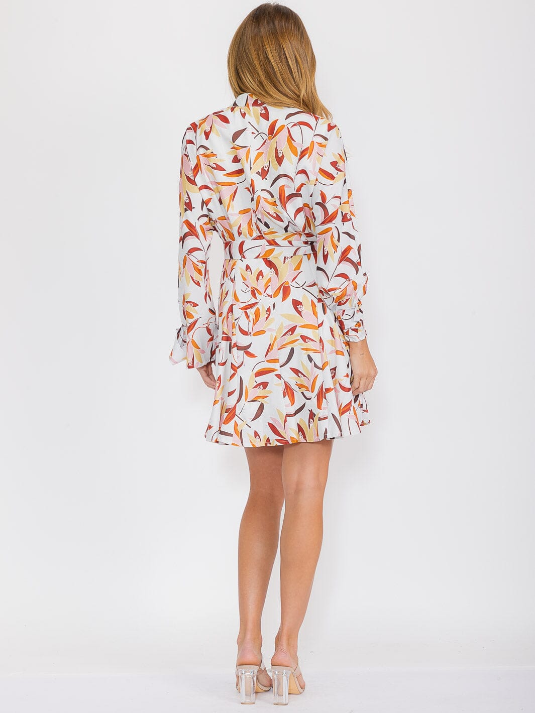 WOMEN'S LONG SLEEVE SELF TIE POCKETS FLORAL MINI DRESS