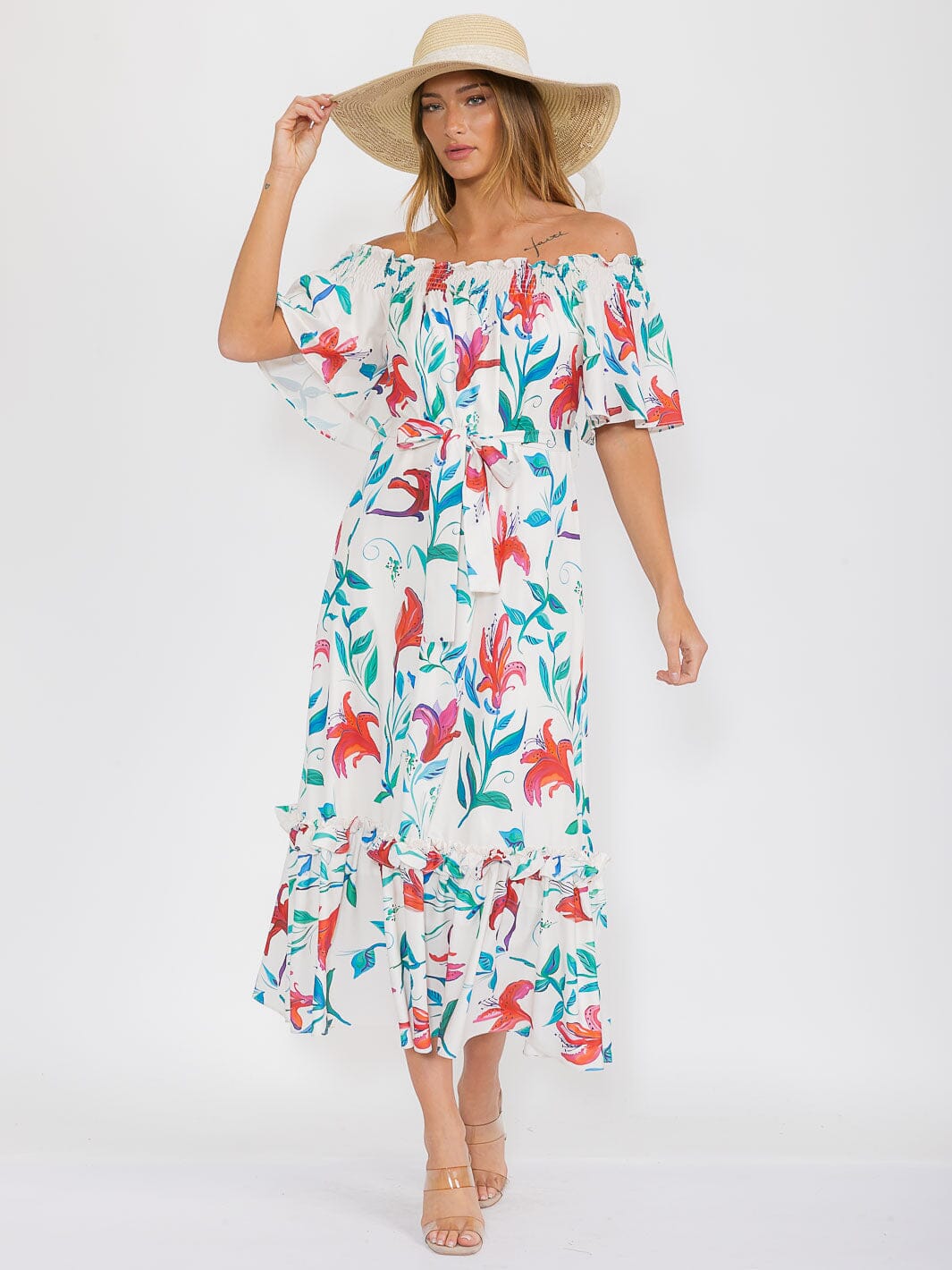 WOMEN'S OFF SHOULDER POCKETS SELF TIE FLORAL MAXI DRESS