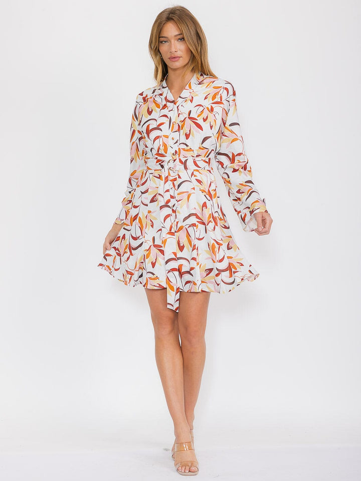 WOMEN'S LONG SLEEVE SELF TIE POCKETS FLORAL MINI DRESS
