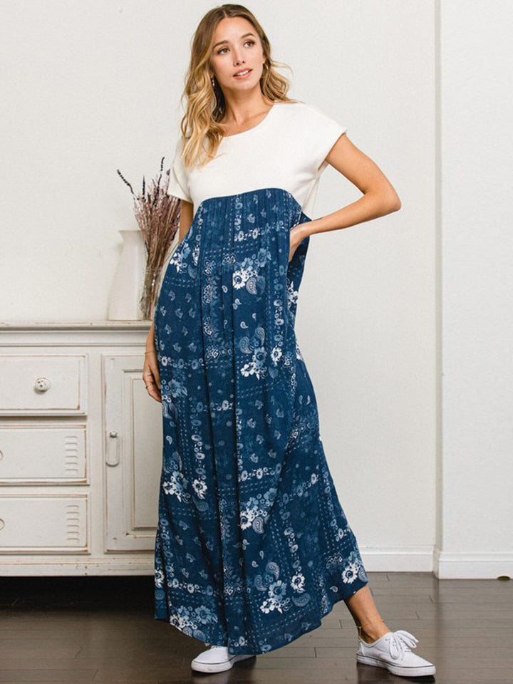 WOMEN'S SHORT SLEEVE TUNIC COLORBLOCK FLORAL MAXI DRESS