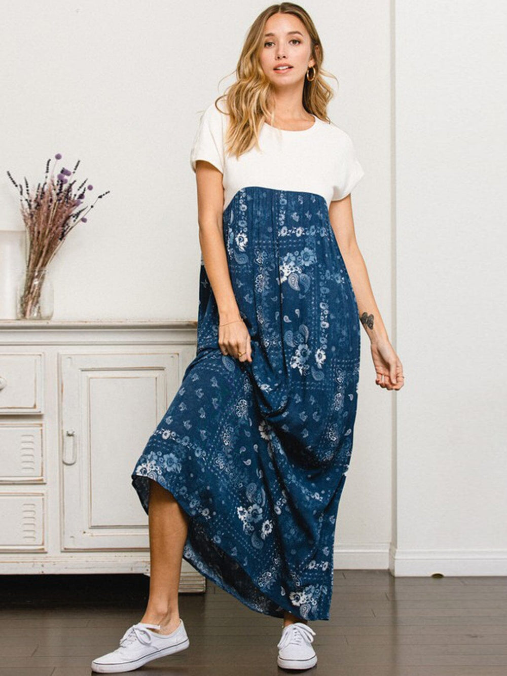 WOMEN'S SHORT SLEEVE TUNIC COLORBLOCK FLORAL MAXI DRESS