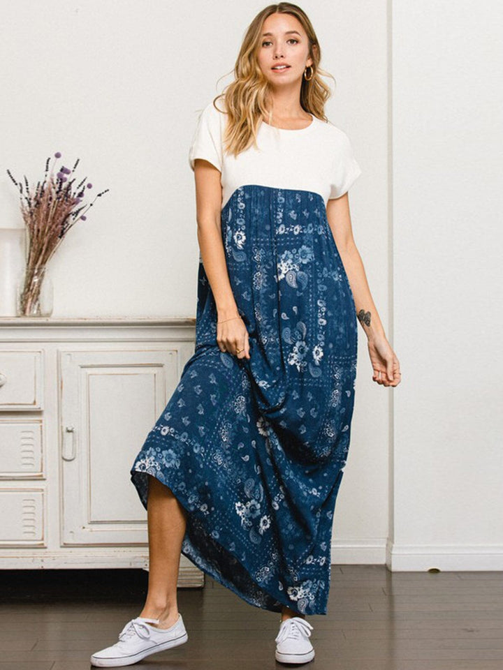 WOMEN'S SHORT SLEEVE TUNIC COLORBLOCK FLORAL MAXI DRESS